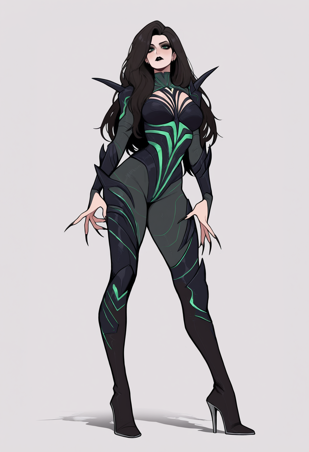 masterpiece, best quality, very aesthetic, absurdres,
1girl, helaodinsdottir, black hair, long hair, green eyes, black lips,
bodysuit, sharp nails, black nails, thigh heels boots,
standing, full body,
looking at viewer, solo, simple background, white background,   <lora:HelaOdinsdottirNoobXL_byKonan:1>