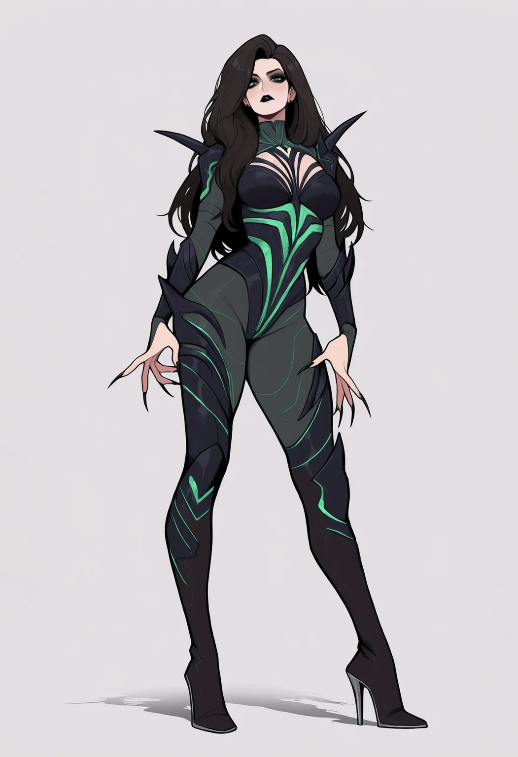 masterpiece, best quality, very aesthetic, absurdres,
1girl, helaodinsdottir, black hair, long hair, green eyes, black lips,
bodysuit, sharp nails, black nails, thigh heels boots,
standing, full body,
looking at viewer, solo, simple background, white background, <lora:HelaOdinsdottirNoobXL_byKonan:1>