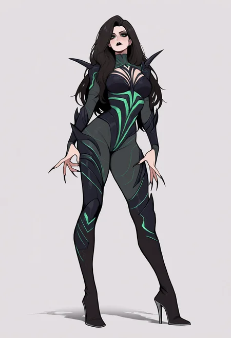 masterpiece, best quality, very aesthetic, absurdres,
1girl, helaodinsdottir, black hair, long hair, green eyes, black lips,
bodysuit, sharp nails, black nails, thigh heels boots,
standing, full body,
looking at viewer, solo, simple background, white background, <lora:HelaOdinsdottirNoobXL_byKonan:1>