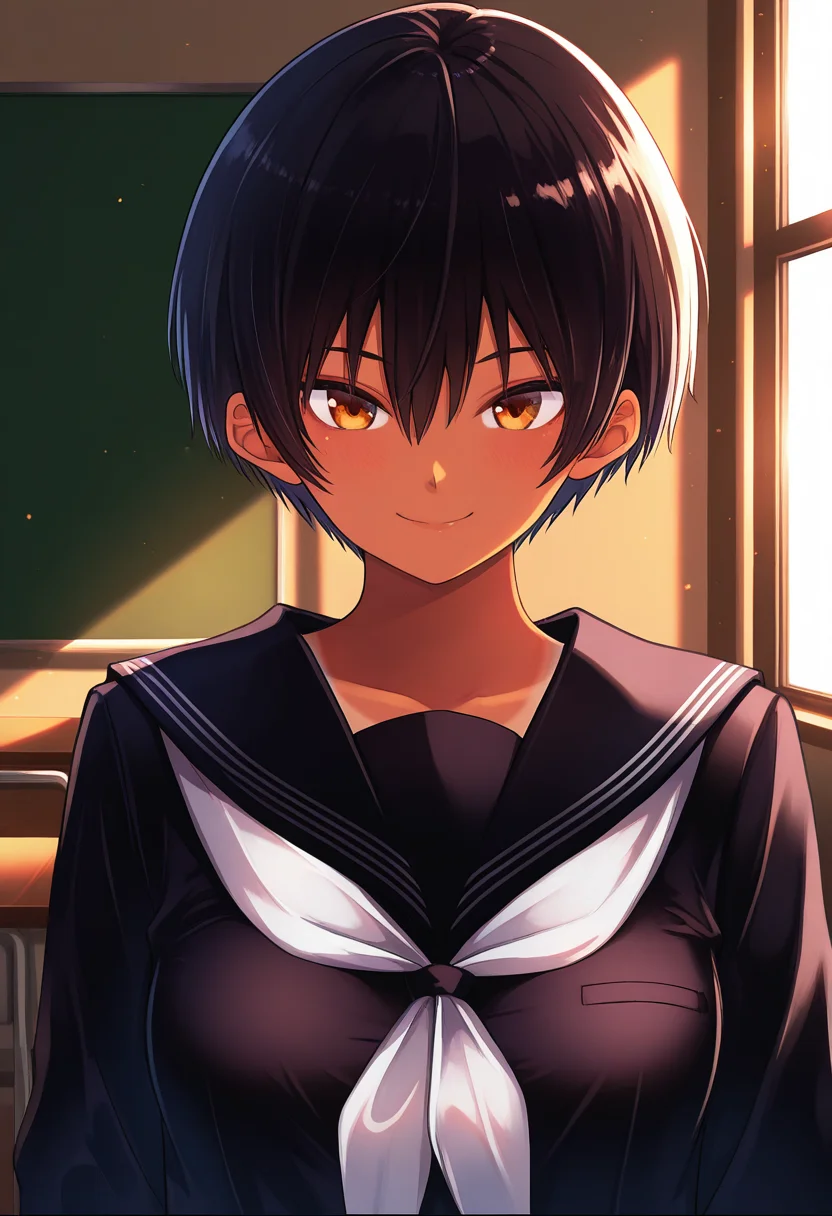 masterpiece, best quality, amazing quality, 1girl, solo, (portrait:1.2), nanaseww, tomboy, dark skin, dark-skinned female, tan, tanlines, brown eyes, black hair, short hair, bangs, hair between eyes, medium breasts, school uniform, black serafuku, sailor collar, white neckerchief, black shirt, looking at viewer, smile, indoors, day, skindentation, detailed clothing folds, depth of field, sharp, high contrast, dynamic light <lora:Nanase_Tachibana_Karada_Ubaware_ill_v20:0.9>