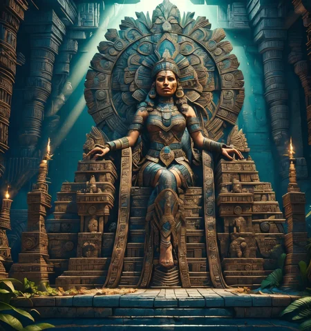 RAW photo, (masterpiece:1.3), subsurface scattering, heavy shadow, (high quality:1.4), (intricate, high detail:1.2), professional photography, HDR, High Dynamic Range, realistic, ultra realistic, photorealistic, high resolution, film photography, ambient lighting, atmospheric effects, <lora:detail_slider_v4:2>, OverallDetail, a female aztec priest, throne, altar, <lora:Aztec_Architecture:0.7>, <lora:AztecChar:1>, aztar