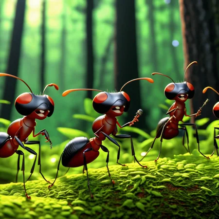 bipedal ants singing in the forest in a 3d animation for movies