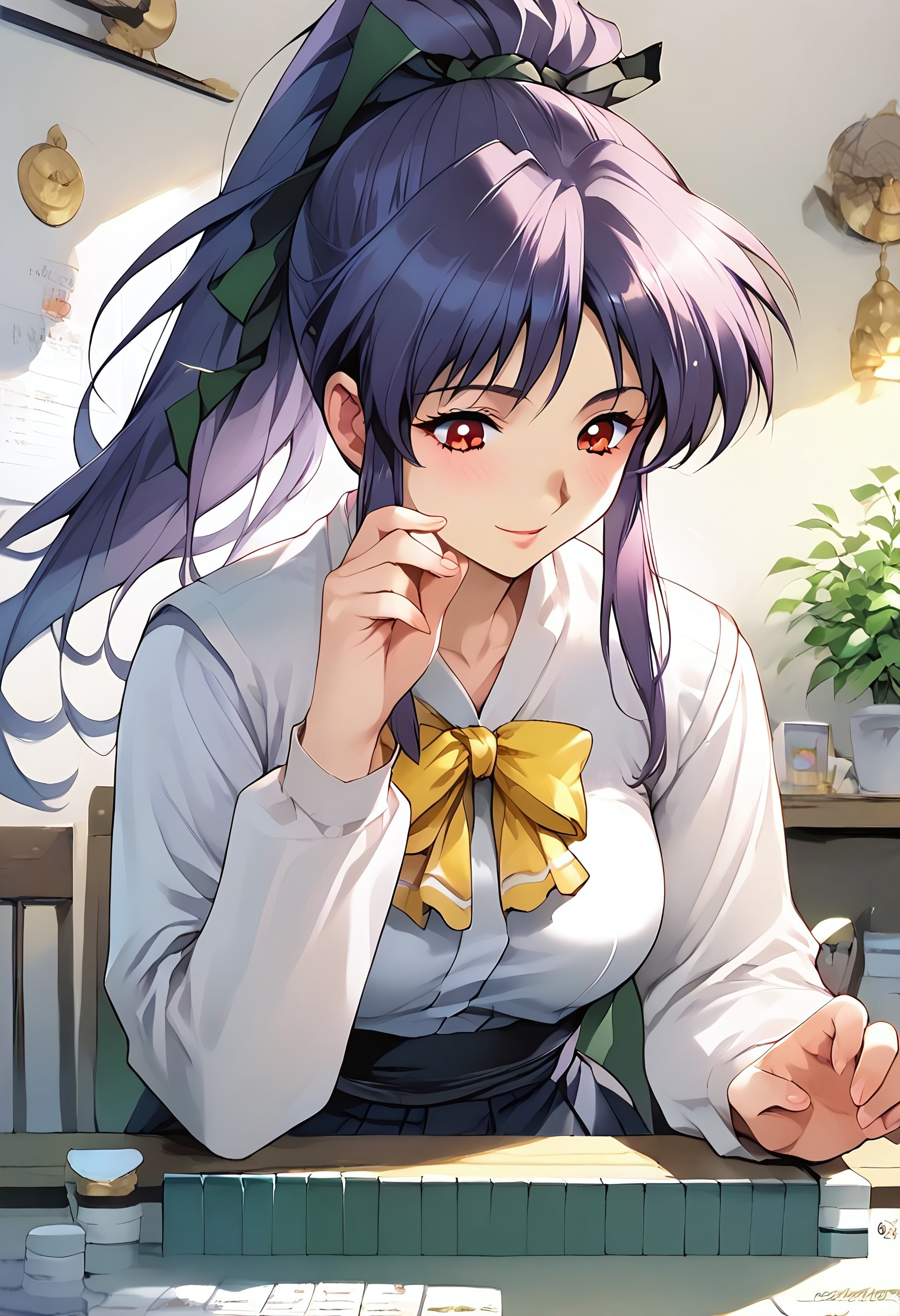 safe_pos, <lora:pony_XL_takabe:0.8>,takabe,score_9,score_8_up,score_7_up,source_anime,1girl,looking down,red eyes,breasts, solo, ponytail,purple hair, medium breasts<lora:breastsizeslideroffset:0.3>,light skin,arm_up,
solo<lora:mahjong_Pony_v1:0.9>
mahjong, mahjong tile, mahjong table, board game, sitting smile,  front view, cowboy_shot,school_uniform,ultra detailed eyes,