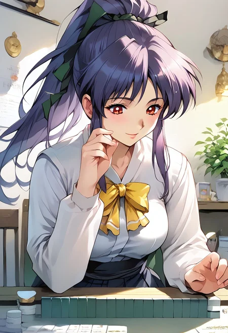 safe_pos, <lora:pony_XL_takabe:0.8>,takabe,score_9,score_8_up,score_7_up,source_anime,1girl,looking down,red eyes,breasts, solo, ponytail,purple hair, medium breasts<lora:breastsizeslideroffset:0.3>,light skin,arm_up,
solo<lora:mahjong_Pony_v1:0.9>
mahjong, mahjong tile, mahjong table, board game, sitting smile,  front view, cowboy_shot,school_uniform,ultra detailed eyes,