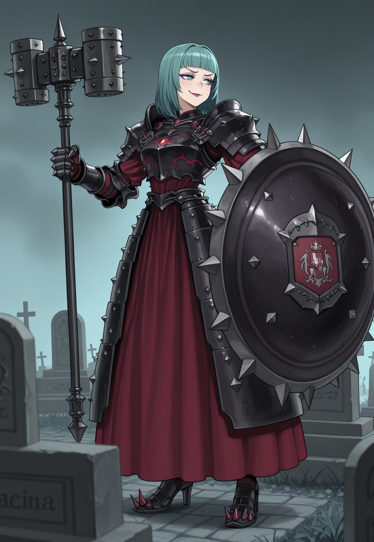 source_vanillaware,

1girl, solo,

AlcinaIL, Alcina Unicorn Overlord, milf,

cyan eyes, mole under eye, aqua hair, medium hair, chopped bangs, purple eyeshadow, dark red lipstick,

dark armor, armored dress, spiky armor, 

black pauldrons, black breastplate, black gauntlets, red dress, black heels,

steel hammer, holding weapon,

smug, looking away,

spiked shield, shield on arm,

graveyard background,