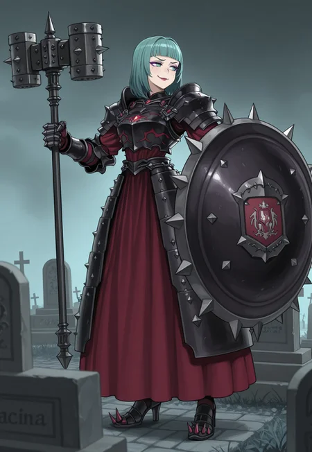 source_vanillaware,
1girl, solo,
AlcinaIL, Alcina Unicorn Overlord, milf,
cyan eyes, mole under eye, aqua hair, medium hair, chopped bangs, purple eyeshadow, dark red lipstick,
dark armor, armored dress, spiky armor,
black pauldrons, black breastplate, black gauntlets, red dress, black heels,
steel hammer, holding weapon,
smug, looking away,
spiked shield, shield on arm,
graveyard background,