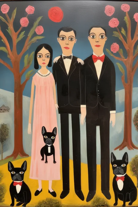 <lora:Folk Art:1>Folk Art - outsider art family portrait father mother daughter french bulldog and tuxedo cat