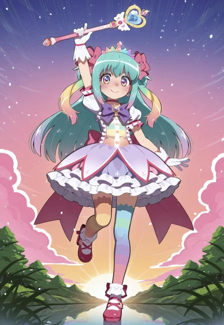Mizumizuni, 1girl, rainbow eyes, pastel rainbow hair, multicolored hair, gradient hair, long hair, masterpiece, best quality, absurdres,
(pastel colors, pastel blue, pastel orange, pastel green, pastel purple), pastel rainbow magical girl, padded magical girl dress, kawaii, frilled skirt, thighhighs, padded pastel rainbow dress, multilayered dress, petticoat, padded dress, puffy short sleeves, elbow gloves, rainbow tiara, gem brooch, large bow, ribbons, lace trim, frills, satin, sparkles, glitter, heart earrings, rainbow accessories, jewelry, bobby socks, frilled mary janes,
lipgloss, eyelashes, blush, light makeup,
outdoors, nature, clouds, sunset,
solo, full body, standing on one leg, happy smile, one arm up, holding magical girl wand, heart scepter,
intricate, highly detailed, majestic, shallow depth of field, movie still, circular polarizer, light reflections, light particles, particles, sun rays