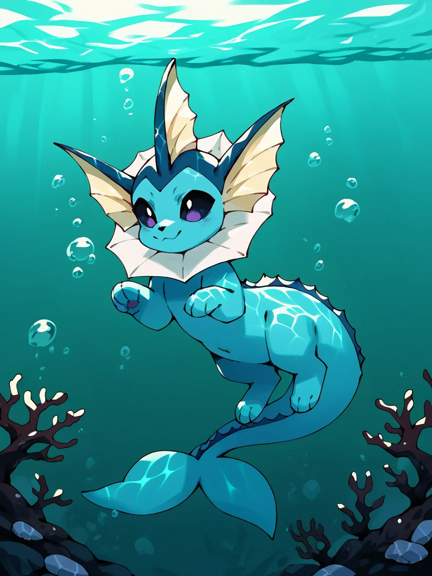 score_9, score_8_up, score_7_up, score_6_up, score_5_up, <lora:bkomadoriXLP:1> bkomadori, solo, vaporeon, underwater,