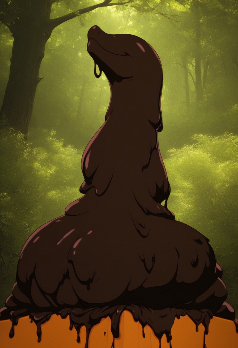 score_9, score_8_up, score_7_up, Expressiveh, (SlimeHexxus, smile, sludge, goo creature, slime, brown body, eyeless), solo, forest, trees, night, grass, detailed background, 4k, masterpiece, best quality, highly detailed, realistic, uncensored