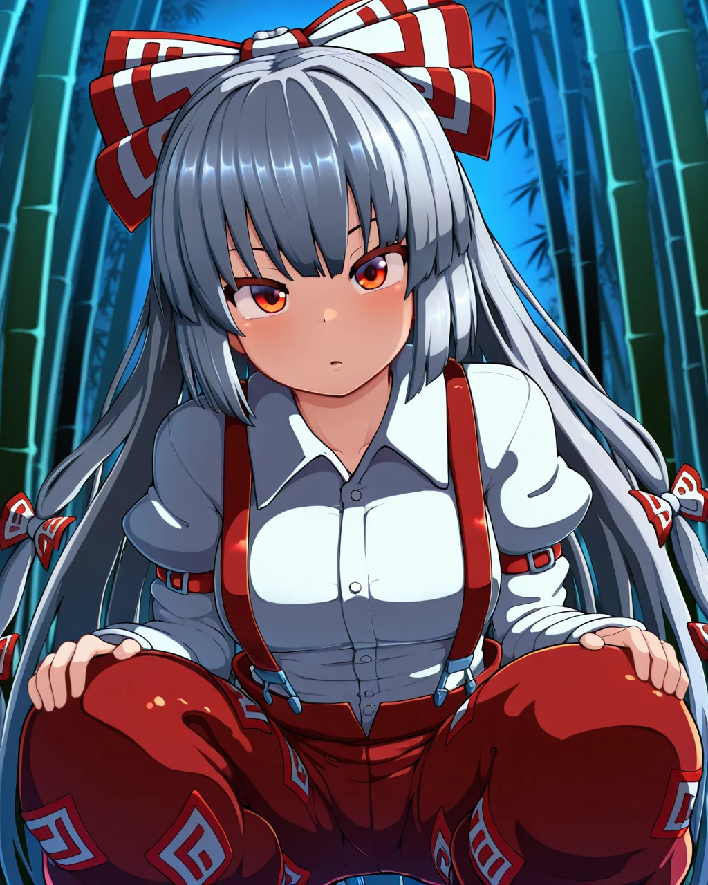 1girl, solo, fujiwara no mokou,hair bow,grey hair,long hair,red eyes,white shirt,suspenders,red pants,ofuda, squatting, peso \(cheese company\), looking at viewer, cowboy shot, bamboo forest, night, (dark theme:0.5), masterpiece, best quality, very aesthetic, absurdres
