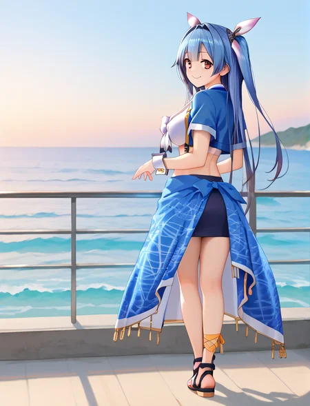score_9, score_8_up, score_7_up, score_6_up, score_5_up, score_4_up, (source_anime:1.3),(masterpiece:1.3), (high quality:1.3),(1girl: pia3_tp,blue cropped jacket,midriff,halterneck,white front-tie top,cleavage cutout,wrist cuffs,navy pencil skirt,blue sarong,orange ankle bow,sandals,i-19 \(kancolle\), long hair, blue hair, red eyes, hair ribbon, tri tails,large breasts, star-shaped pupils,looking back,smile ), <lora:pia_carrot_3_outfits:1.0>, ocean,from behind, <lora:i-19_kancolle_ponyXL_v1:1>