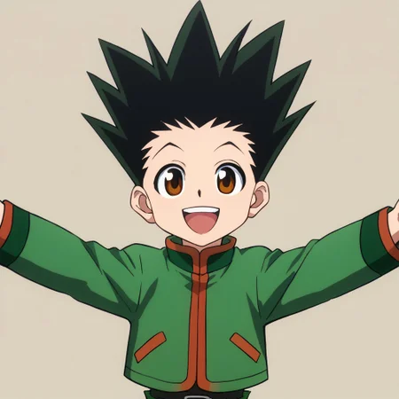 score_7_up, score_8_up, score_9_up, BREAK, gonfreecs, black hair, spiked hair, brown eyes, happy, smile, green jacket, long sleeves, open arms toward viewer, incoming hug, verybadimagenegative_v1.3