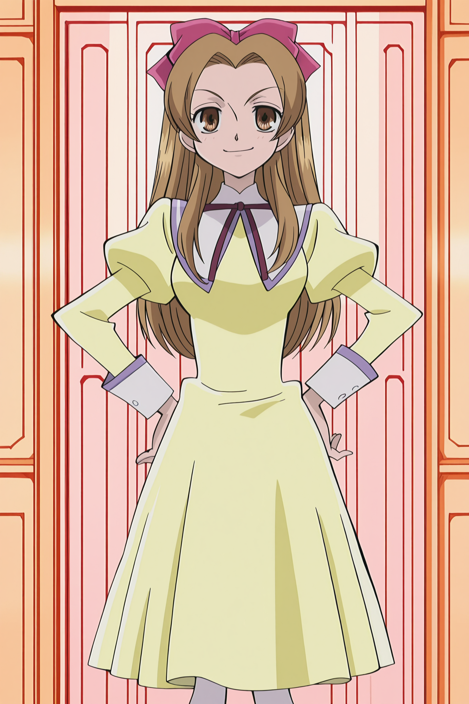 anime screencap, anime coloring, detailed face, perfect fingers, masterpiece, best quality, very aesthetic, absurdres, volumetric lighting, traditional media, Ouran High School Host Club anime art style, official anime artwork, retro artstyle, 2000s anime look,
 <lora:Haruhi_Fujioka_and_Renge_Houshakuji_Ouran_High_School_Host_Club:1>
Renge Houshakuji (character), 1girl, solo, brown hair, long hair, brown eyes, Renge default outfit, yellow dress, school uniform, hair bow, white pantyhose, cowboy shot,
full body shot, both hands on hips, mouth open, cute girl, smug smile, teasing the viewer