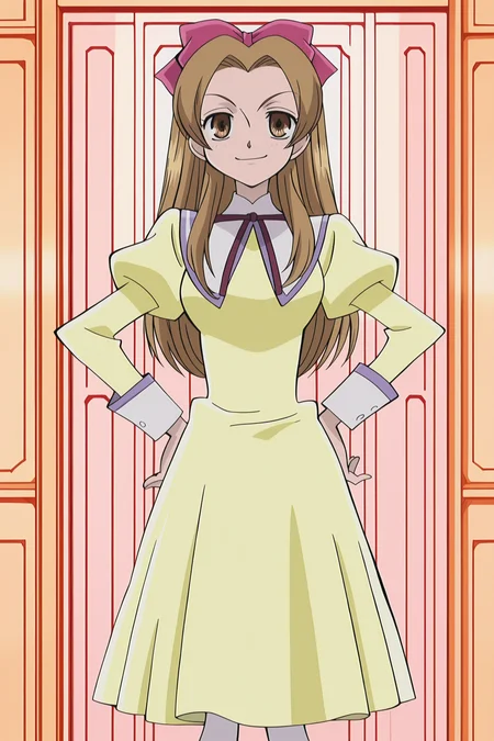 anime screencap, anime coloring, detailed face, perfect fingers, masterpiece, best quality, very aesthetic, absurdres, volumetric lighting, traditional media, Ouran High School Host Club anime art style, official anime artwork, retro artstyle, 2000s anime look,
<lora:Haruhi_Fujioka_and_Renge_Houshakuji_Ouran_High_School_Host_Club:1>
Renge Houshakuji (character), 1girl, solo, brown hair, long hair, brown eyes, Renge default outfit, yellow dress, school uniform, hair bow, white pantyhose, cowboy shot,
full body shot, both hands on hips, mouth open, cute girl, smug smile, teasing the viewer