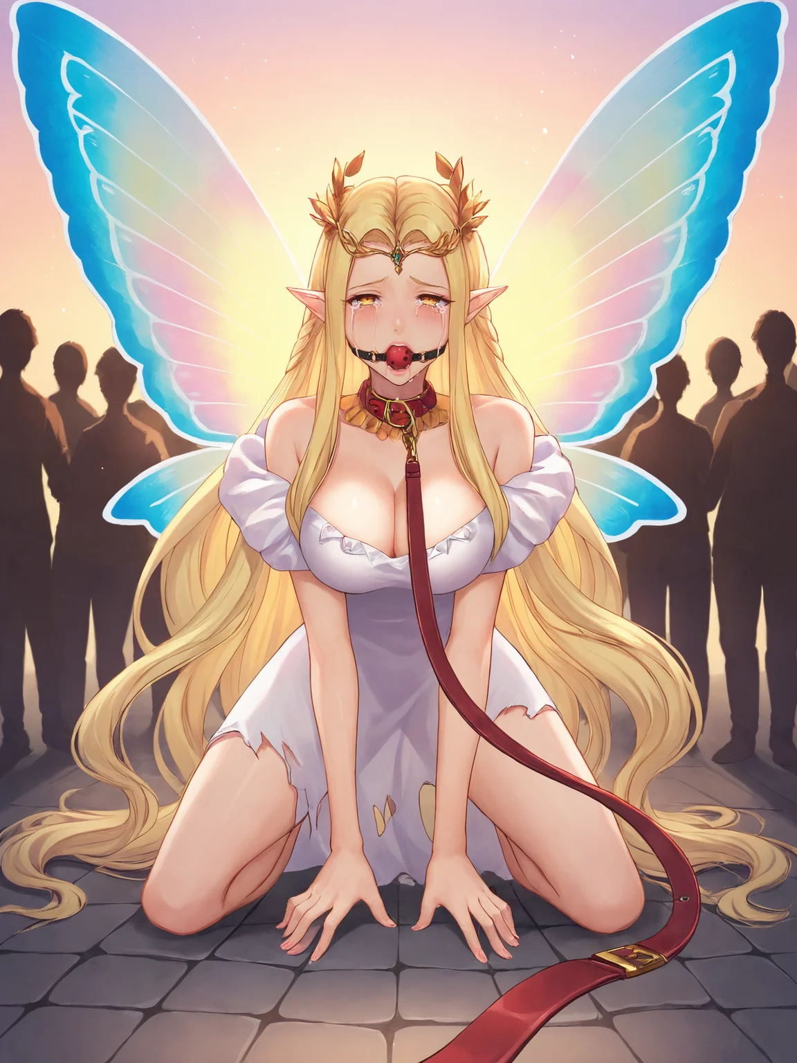 score_9, score_8_up, score_7_up, BREAK,
1girl, solo, BREAK,
aurorafategrandorder, fairy, blonde hair, parted bangs, wavy hair, absurdly long hair, yellow eyes, pointy ears, large breasts, cleavage, BREAK,
circlet, forehead, jewelry, necklace, white dress, long dress, off-shoulder dress, mermaid dress, tight clothes, tight dress, narrow waist, stole, tassel, bare shoulders, collarbone, BREAK,
butterfly wings, insect wings, fairy wings, multiple wings, <lora:Aurora:0.5>, BREAK,
half-closed eyes, tears, (crying:1.5), (ball gag:1.1), drooling, all fours, collar, (leash:1.3), viewer holding leash, pov hands, holding leash, (torn clothes:1.1), BREAK,
outdoors, village, crowd, people, faceless, stone floor, purple sky, orange sky