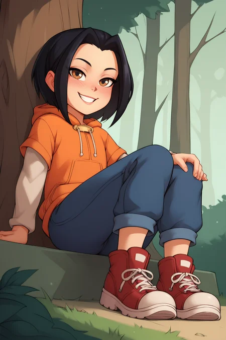 score_9, score_8_up, score_7_up, score_6_up, BREAK, JadeJCAPXL, colored skin, dark-skinned female, brown eyes, black hair, short hair, flat chest, hood down, orange hoodie, short over long sleeves, blue pants, red footwear, solo, full body, sitting, ((bellow view)), seductive smile, looking at viewer, naughty face, nose blush, forest, tree <lora:JadeJCAPXL:1>