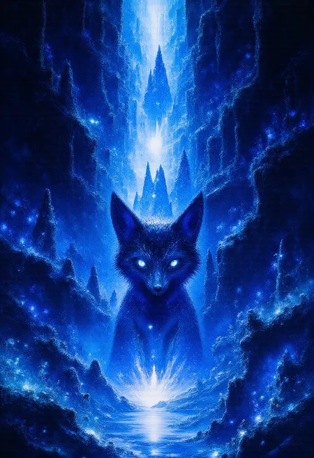 High Resolution, High quality, Detailed vector illustration, detailed, DreamArt, Studio Ghibli Dark Fairytale, smlstxtr, Black fox with fluorescent blue tones in the center of the image, a magical valley with dark tones illuminated by the light emitted by the phoenix, it has several plants which are luminescent, in the middle of the valley there is a river from which a little steam emanates. Surreal and abstract digital painting.