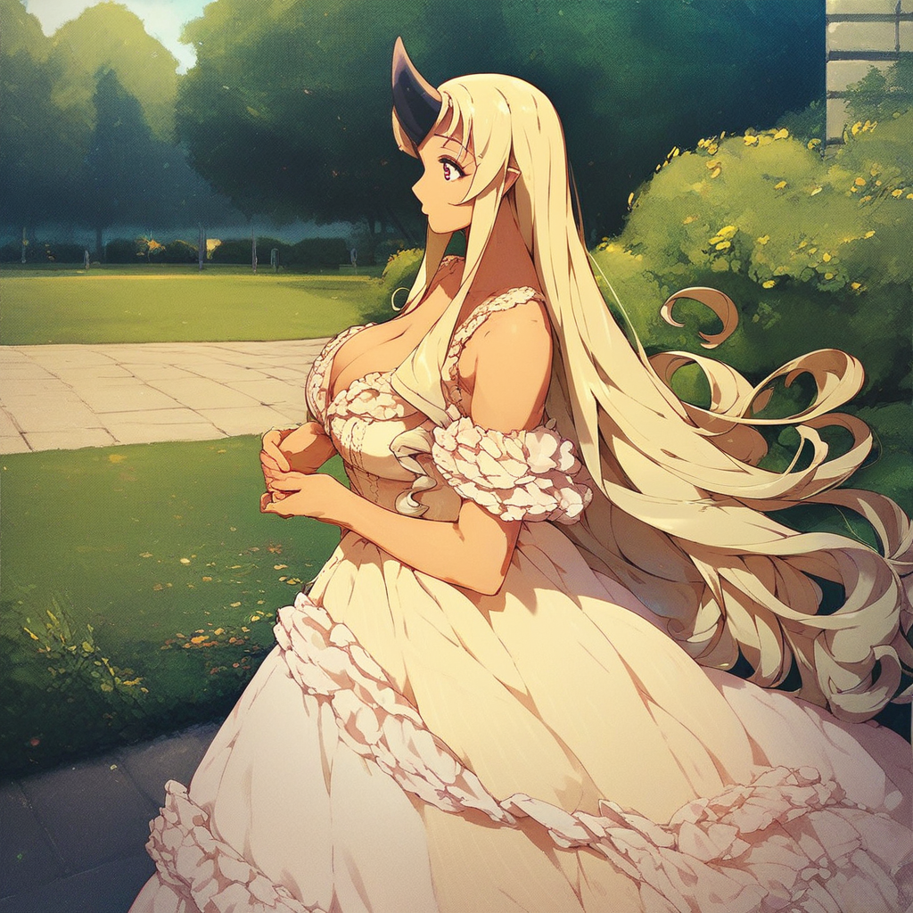 score_9, score_8_up, score_7_up, score_6_up, side view, 1girl, nin_tionishia, frilled long dress, cleavage, park background