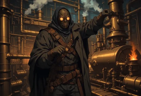"A full-body shot of a steampunk saboteur in mid-action, set in a dimly lit industrial factory. The character, a slim figure cloaked in a dark, oil-stained trench coat, wears a leather mask with glowing lenses, protecting him from the fumes and mechanical debris. His hands work quickly and precisely as he plants a mechanical device with intricate gears and wires onto a large, steam-powered engine. The saboteur’s gloved fingers delicately manipulate the gears and switches of the sabotage device. His belt is lined with small tools, explosives, and arcane gadgets, each reflecting his technical mastery. Steam and smoke swirl around, illuminated by flickering orange light from the factory's massive furnaces. The background is filled with towering brass machinery, giant cogwheels turning slowly, and steam pipes hissing with pressure. The saboteur's focused expression reveals a sense of urgency and expertise, fully immersed in the dangerous, covert operation."