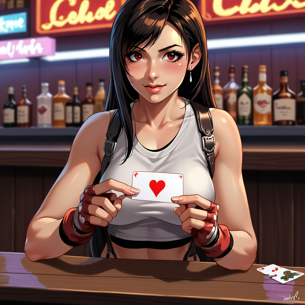 score_9, score_8_up, score_7_up, score_6_up, score_5_up, score_4_up, zPDXL2,source_anime,rating_questionable, 1girl,bar, neon club, tifa lockheart, standing, close up, <lora:Business_Card:0.7> bc4rd, holding playing card, Diamond Playing Card