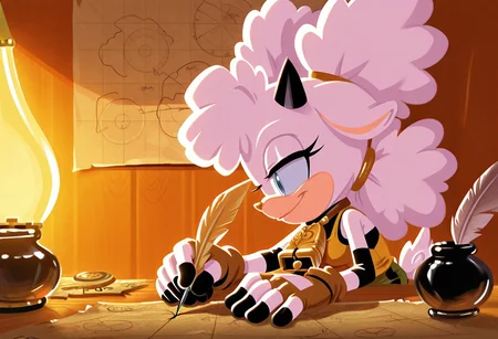 sonic (series), masterpiece, best quality,
writtenpeak, sidelighting, 1girl, quill, holding quill, feathers, lamp, inkwell, map, indoors, writing, looking at object, smile, profile, from side,
<lora:Blackbeard_Writing__Meme_Pose_Concept__IllustriousXL_and_NoobAI-000010:1.0>, lanolin the sheep, afro puffs, ((white fur)), hair tie, black elbow pads, sheep tail, red nose, black fingers, single horn, teal sclera, blue eyes, orange tank top, cowbell, fingerless gloves, sonic channel (style), flat color