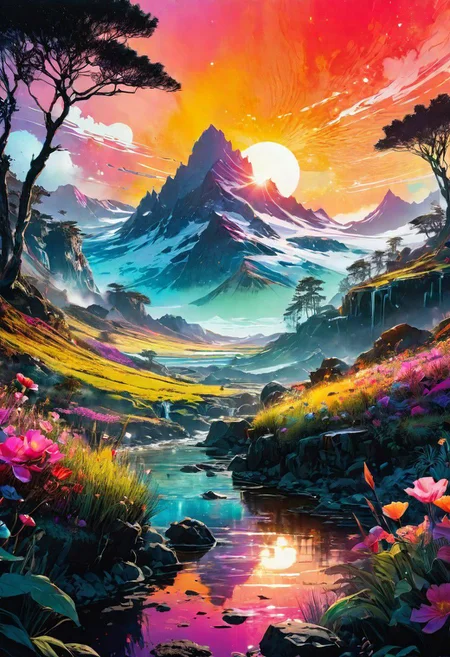 interplanetary Digital watercolor Illustration of a summerscape sunset, by JB, Waterhouse, Carne Griffiths, Minjae Lee, Ana Paula Hoppe, Stylized watercolor art, Intricate, Complex contrast, HDR, Sharp, soft Cinematic Volumetric lighting, flowery pastel colours, wide long shot, perfect masterpiece, detailed matte painting, deep color, fantastical, intricate detail, splash screen, complementary colors, fantasy concept art, 8k resolution trending on Artstation Unreal Engine 5