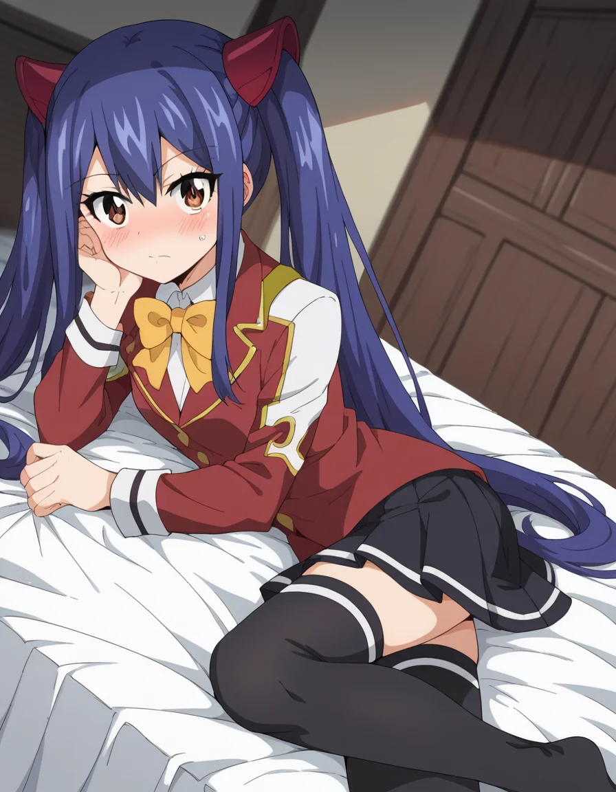 score_9, score_8_up, score_7_up, source_anime, <lora:wendy-marvell-100yq-ponyxl-lora-nochekaiser:1>, wendy marvell, long hair, hair ornament, ribbon, hair between eyes, twintails, brown eyes, very long hair, blue hair,, skirt, thighhighs, bow, ribbon, pleated skirt, black thighhighs, bowtie, black skirt, zettai ryouiki, yellow bow, yellow ribbon, indoors, bed, bed room, on side, blush, drunk,, , looking at viewer, from side, solo,, dutch angle,