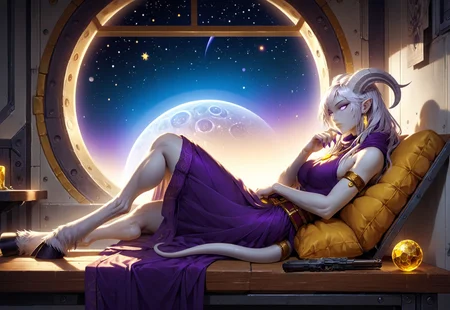 (absurdres, best quality, masterpiece:1.4), score_9, score_8_up, score_7_up, score_6_up, detailed, detailed body, detailed face, world of warcraft, fantasy, <lora:add-detail-xl:1.5>,
fFaceDetail, (female, draenei, h0rns, ram horns, white horns, tall, athletic arms, pale white skin, long white hair, purple eyes, long white tail, long fingers, purple fingernail polish),
(long loose purple dress, purple silk scarf, tail under dress, simple armlet, small yellow gem pendant, small yellow gem earrings),
portrait, side view, looking to viewer, angered face, (lying down, lying on bench, lying on side),
GunMonk, shotgun, full body, side view, (window in background, outer space in background, stars, no clouds), sitting at table, legs on table, leaning back in chair