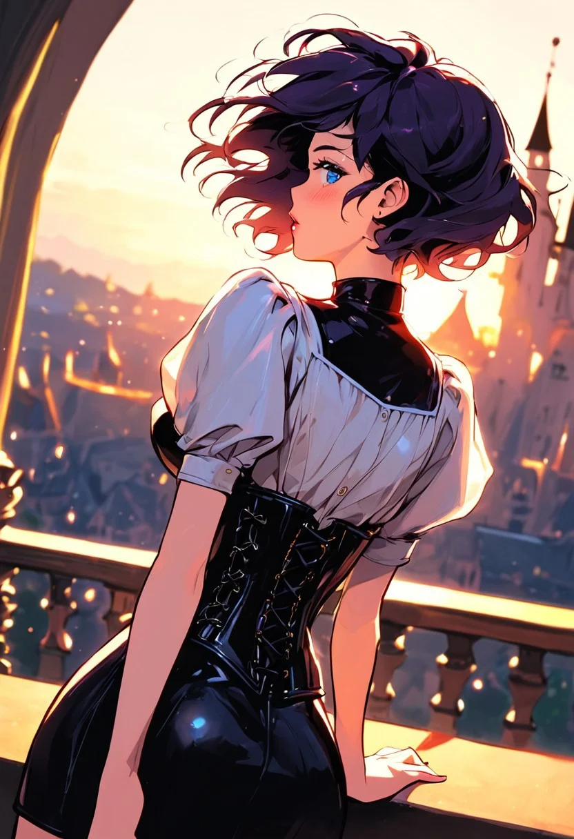 masterpiece,best quality, highly detailed, score_9, score_8_up, score_7_up, score_6_up, source_anime,
BREAK
1girl, short raven hair, choppy, blue eyes, large breasts, bouncy, leather corset, unlaced, skirt hiked, flushed cheeks, looking side, from behind, castle balcony, torchlight flicker, windblown hair, sultry pose.
BREAK
dynamic light, warm_light, warm_colors, high contrast, depth of field, golden hour lighting, dramatic shadows, rich details,
