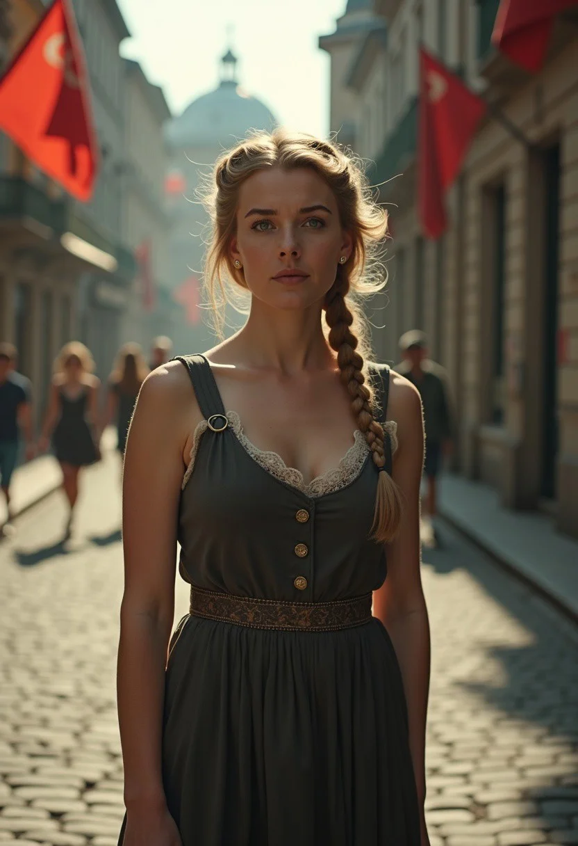 A full-body color photograph of a buxom German woman standing on a cobblestone street in 1930s Berlin, her traditionally braided blonde hair framing a sad yet proud expression. She wears a tight dress that accentuates her figure, including her ample bust, while her natural skin texture and detailed face convey resilience. The hot summer day is palpable, with soft cinematic light casting subtle shadows and dim, faded colors evoking the era's somber atmosphere. Communist flags are faintly visible in the blurred background, adding historical context without detracting from the subject. Captured with a 24mm lens, the scene features 4K textures, intricate details, and a cinematic look. The composition balances sharp focus on the woman with a softly blurred urban backdrop, creating a sense of depth and realism. Post-processed in Adobe Lightroom and PhotoLab, the image boasts HDR effects, exposure blending, low contrast, and soothing tones. The dramatic lighting highlights her expression and figure, while hyper-detailed textures and muted colors enhance the emotional weight of the scene. A timeless, award-worthy portrayal of strength and vulnerability in 1940s Berlin