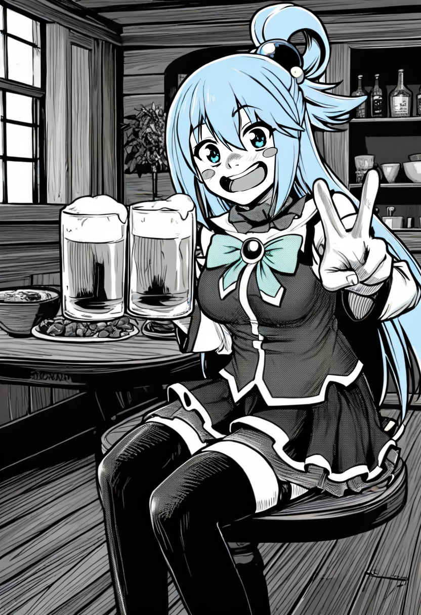 monochrome, greyscale,  <lora:odysseasXL_NBVP1_lokr_V6311PZ:0.95> 1girl,aqua \(konosuba\),kono subarashii sekai ni shukufuku wo!,aqua bow,aqua bowtie,bare shoulders,beer mug,blue eyes,blue hair,blue skirt,blush stickers,bottle,bow,bowl,bowtie,brooch,cup,detached sleeves,flower,flower pot,food,indoors,jewelry,katsuyamamage,long hair,looking at viewer,mug,open mouth,sitting,skirt,sleeveless,solo,table,tavern,teeth,tray,upper teeth only,v,window,potted plant,holding cup,hair rings,blue thighhighs,shelf,holding,wooden floor,:d,frills,alcohol,beer,thighhigh,plant,smile,wavy mouth,hair ornament