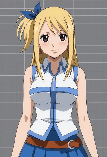score_9, score_8_up, score_7_up, anime screencap, BREAK, 1girl, solo, <lora:DX888Lucy:1> lucy heartfilia, brown eyes, one side up, blue ribbon, sleveless shirt, skirt, earrings, BREAK smile, blush, Holding hands out, palms facing up dark gray background, simple background, grid background,