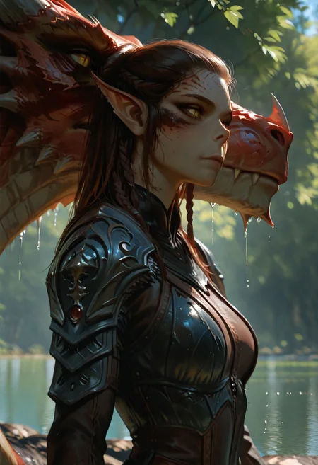 masterpiece, ultra-HD, cinematic lighting, photorealistic, impressionism (1.5), high detail, depth of field, (blurred background), (dramatic lighting),masterpiece, best quality, very aesthetic,8k,lae'zel, 1girl, gith (d&d), slit pupils, yellow eyes, facial mark , pointy ears, scar on face, scar on mouth, scar on forehead, braided sidelock, brown hair, colored skin, body freckles, toned, dungeons & dragons, medium breasts, reflection, wet, relaxed, dappled sunlight, outdoors, shoulder armor, armor, ridding a red dragon, flying over lake,
masterpiece, best quality, amazing quality, usnr,