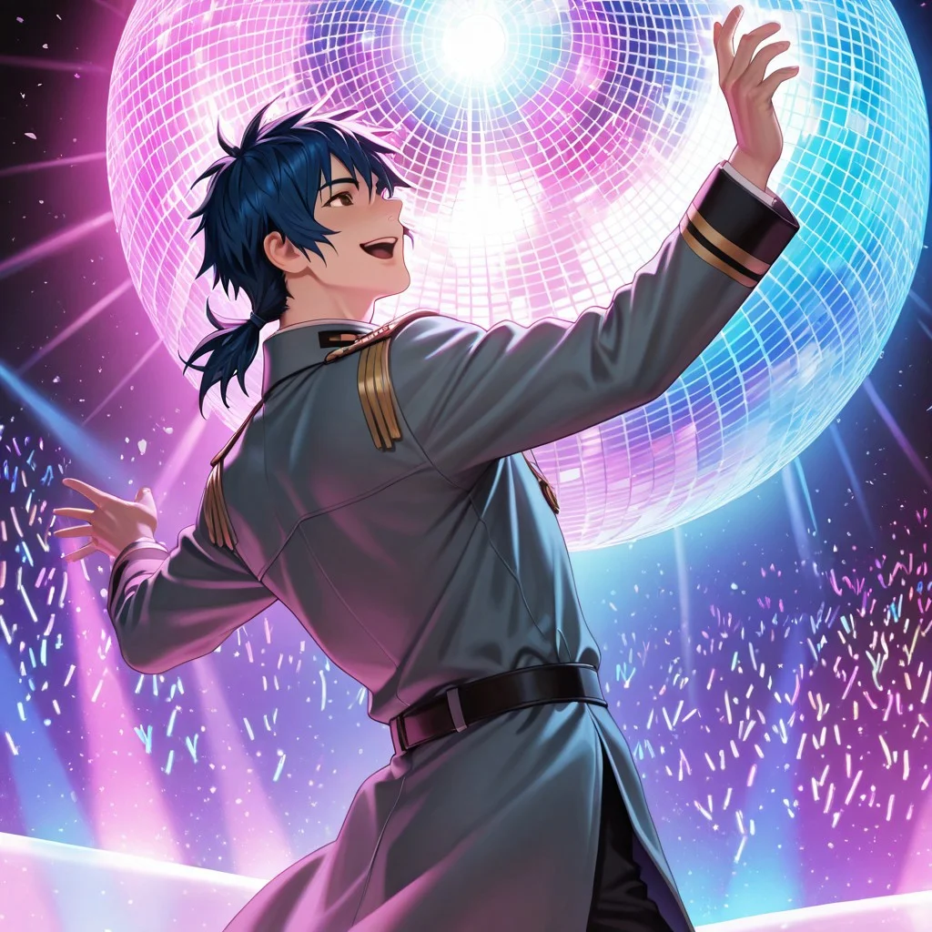 masterpiece, best quality, amazing quality, absurdres, newest, detailed background, definition so sharp, Ultra-HD, 8K cinematic, very awa, impressionate, amazing quality, highres,
solo, male focus, manly,
daikakukokujouji, 1boy, short hair, tied hair, low tied hair, lieutenant_pretime, lieutenant_blue hair, lieutenant_brown eyes, dancing, energetic pose, open mouth smile, clumsy moves, colorful lighting, disco ball, upbeat music, joyful, cool, energetic, charming, funny