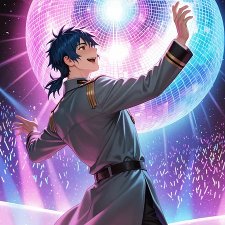 masterpiece, best quality, amazing quality, absurdres, newest, detailed background, definition so sharp, Ultra-HD, 8K cinematic, very awa, impressionate, amazing quality, highres,
solo, male focus, manly,
daikakukokujouji, 1boy, short hair, tied hair, low tied hair, lieutenant_pretime, lieutenant_blue hair, lieutenant_brown eyes, dancing, energetic pose, open mouth smile, clumsy moves, colorful lighting, disco ball, upbeat music, joyful, cool, energetic, charming, funny
