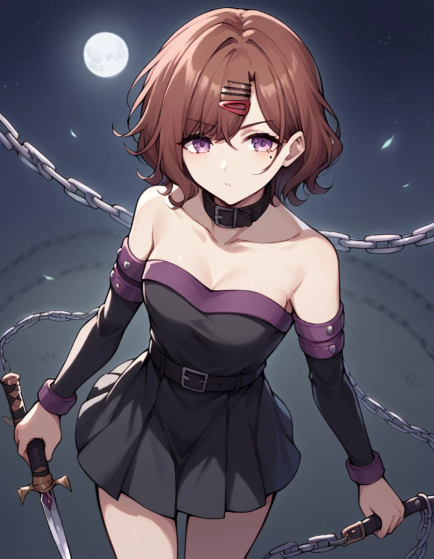 score_9, score_8_up, score_7_up, source_anime, <lora:madoka-higuchi-ponyxl-lora-nochekaiser:1>, madoka higuchi, brown hair, eyebrows hidden by hair, grey background, hair ornament, hairclip, mole, mole under eye, purple eyes, short hair, wavy hair,, <lora:fate-medusa-rider-cosplay-ponyxl-lora-nochekaiser:1>, fate medusa rider cosplay, medusa (rider) (fate) (cosplay), bare shoulders, belt collar, collar, collarbone, detached sleeves, dress, long sleeves, pleated dress, short dress, strapless, strapless dress, zettai ryouiki,, outdoors, night, moon, from above, dagger, holding, holding weapon, chain,, cowboy shot, looking at viewer