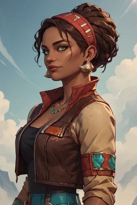 score_9, score_8_up, score_7_up, score_6_up, <lora:Sasha_TFTBL_PonyV1.1:0.8> sashatftb, green eyes, brown hair, dark skin, 1girl, jewelry, earrings, dark-skinned female, hairband, futureoutfit