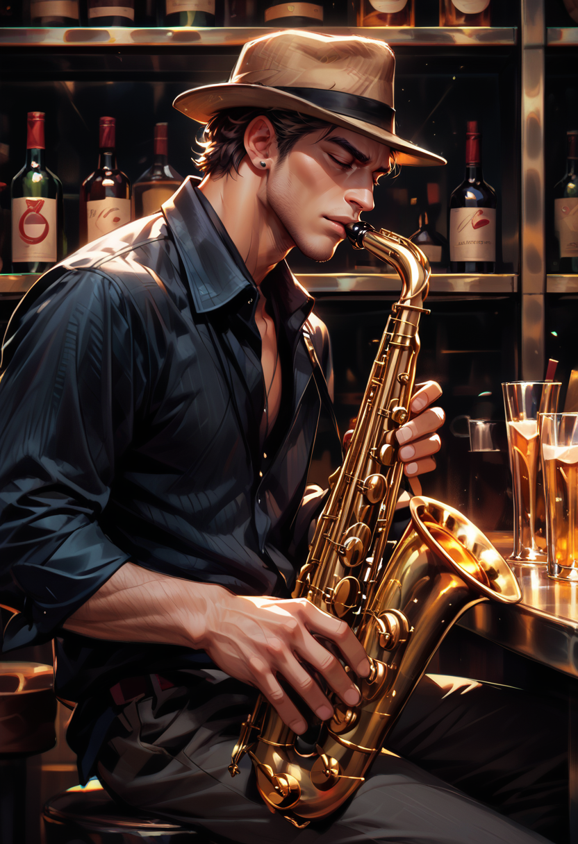 score_9, score_8_up, score_7_up, score_6_up, score_9, score_8_up, score_8, 1man, muscular, SH_S4X, bar, instrument, solo, solo focused, fedora, eyes closed, playing instrument,   <lora:Sheeps_Saxophone:0.8>