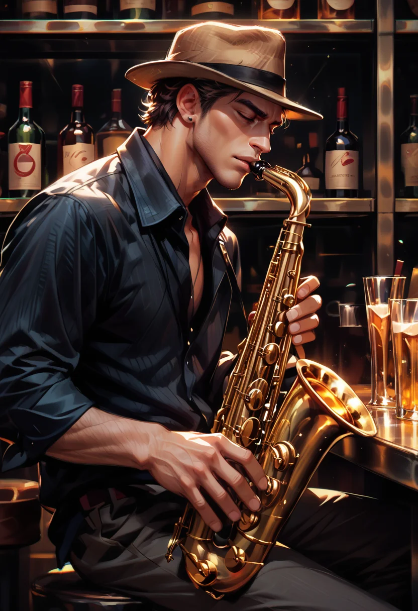 score_9, score_8_up, score_7_up, score_6_up, score_9, score_8_up, score_8, 1man, muscular, SH_S4X, bar, instrument, solo, solo focused, fedora, eyes closed, playing instrument, <lora:Sheeps_Saxophone:0.8>