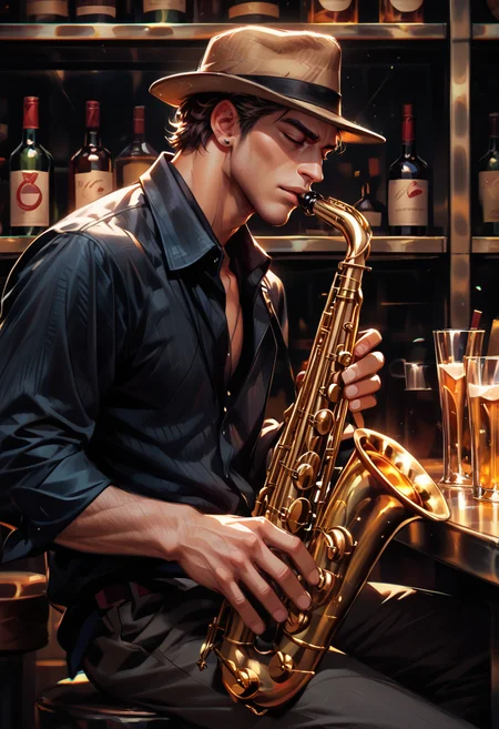 score_9, score_8_up, score_7_up, score_6_up, score_9, score_8_up, score_8, 1man, muscular, SH_S4X, bar, instrument, solo, solo focused, fedora, eyes closed, playing instrument, <lora:Sheeps_Saxophone:0.8>