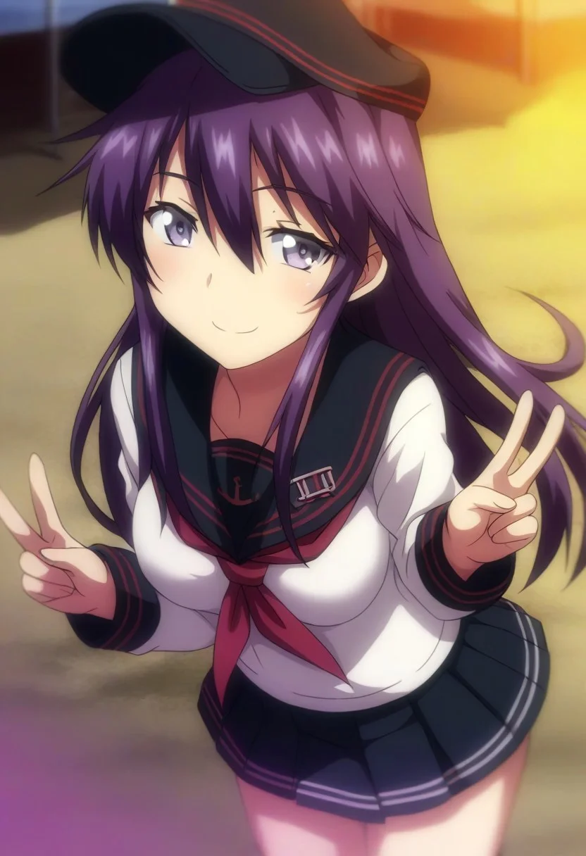 score_9,score_8_up,score_7_up,source_anime,anime, BREAK, 
JoshiLuck_AnimeStyle, 
(cute),1girl, akatsuki (kancolle), (medium breasts), purple hair, long hair, hair between eyes, purple eyes, 
serafuku, black flat cap, black sailor collar, black mini skirt, long sleeves, neckerchief, red neck ribbon, sailor collar, 
looking at viewer, 
smile, cheerful, wink, v sign, 
(any pose), 
angle:random, 
outdoors, shiny light, beach,