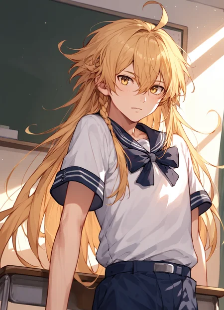 score_9, score_8_up, score_7_up, ultra detailed, source_anime,amazing quality, best aesthetic, smooth,HD32k, Uncensored ,best aesthetic,Realism:0.65,
,<lora:Aether1:0.96>,aether,1boy,male focus,solo,blonde hair,yellow eyes,ahoge,hair between eyes,long hair,braid,,looking front,skinny,bishounen, emaciate physique,student uniform,short sleeves,shorts,
in classroom,desk,chair,blackboard,
<lora:add-detail-xl:0.7> <lora:g4n1m3XLP:0.7> g4n1m3, <lora:spgbfAndiraXLPony:0.6> andiradef,