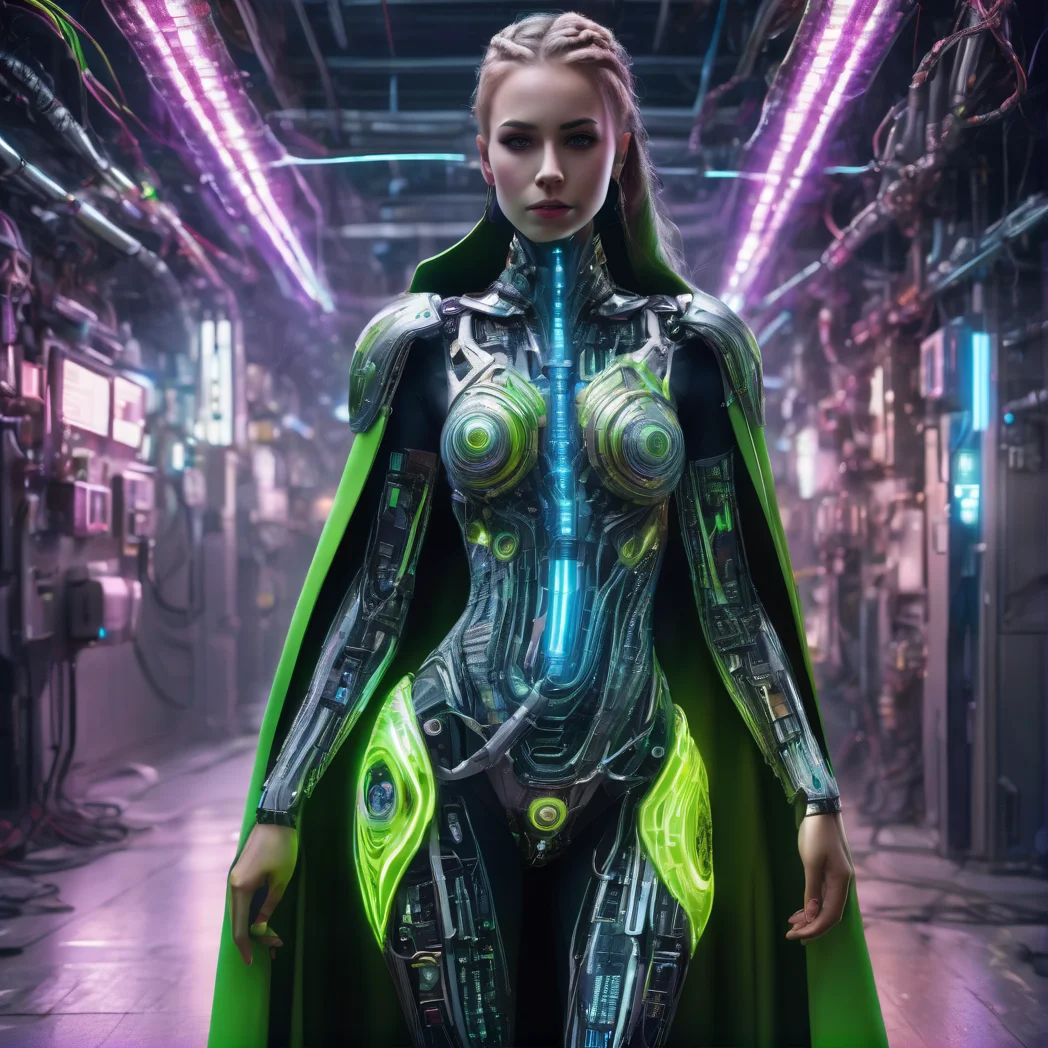 girl, woman, age 32, braided hair, full body, asymmetrical fashion, cape made of neon wires, wearing a crystalline circuit board style pendant, detailed face, realistic, exposed circuitry, android, scifi fantasy scene setting, scifi, cyborg, posing, hydraulic pistons, robotic ass