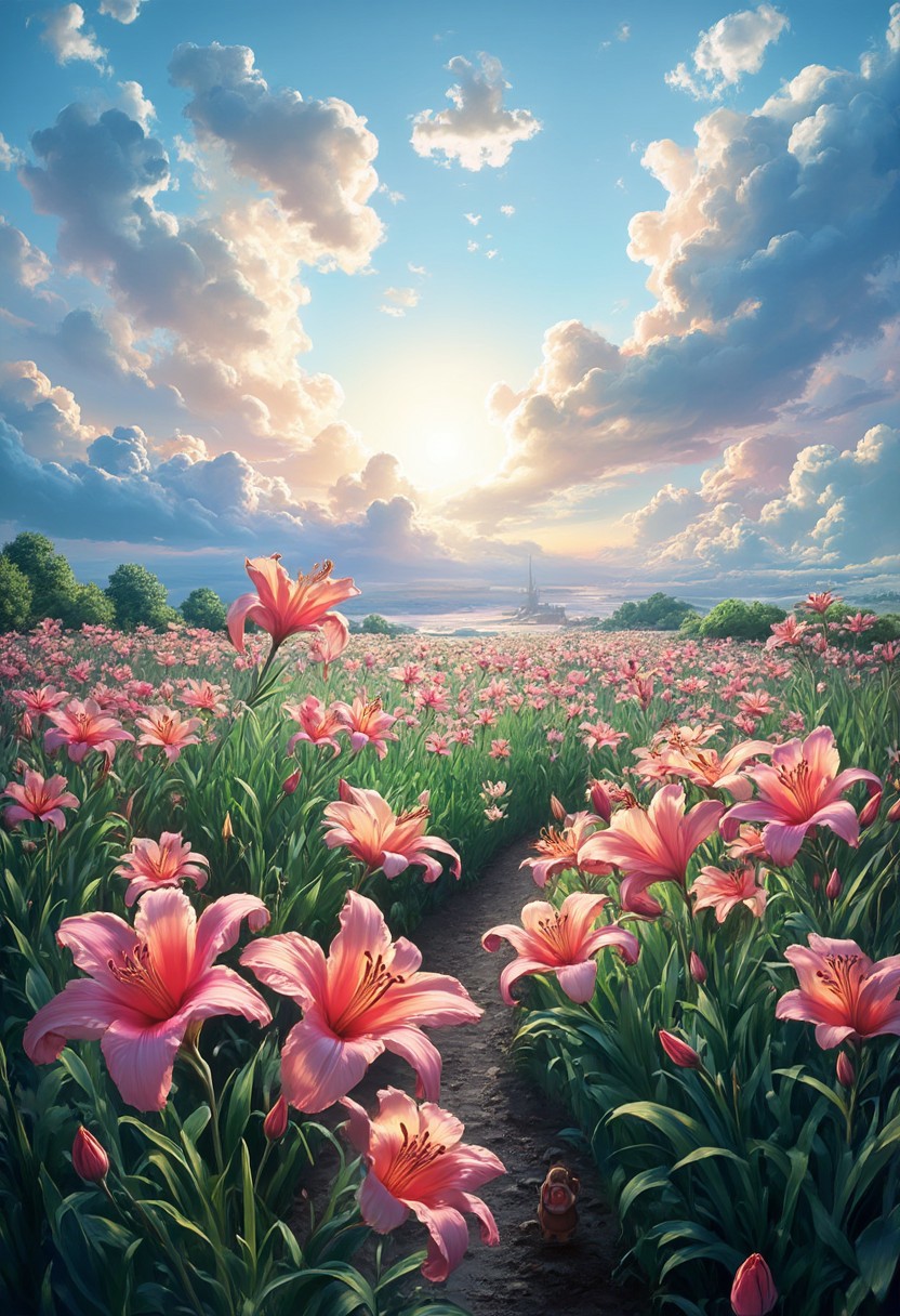 detailed background, from above,( Calm spring morning landscape), beautiful view, Flower Field, lily flower in full bloom, lily flower, early morning, sunrise sky, beautiful clouds, dappled sunlight, 
I can see a windmill in the distance, 
depth of field, masterpiece, best quality, ultra-detailed, very aesthetic, illustration, perfect composition, intricate details, absurdres, moody lighting, wisps of light, no humans,
