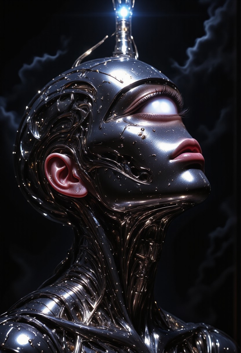 impressionist classical-style painting of a highly detailed, fantasy scene with a dramatic, robotic aesthetic. The central figure is a female robot. Her head and body are made of shiny and smooth metal with multi-colored, exposed wiring going down her neck creating an organic mosaic pattern. She is a biomechanical robot with Chrome Skinned and there are wires jacked into her face. Her cyclops eye is an intense silver color with light silver eyeshadow, and her lips are a rich, deep silver color. There is a missing panel on her cheek. A spot light focuses on her from above. She is bald and is blending in with the dark, smoky, nighttime background. She is facing you and looking up into the sky intensely. The overall impression is one of dramatic beauty, with an almost otherworldly quality.  (((ultra-realistic style))), realistic soft lighting, dark, eye-catching, atmospheric lighting, natural, shallow depth of field, (highlights: 0.8), high detail (dynamic, cinematic shot, film grain, bokeh, depth of field,