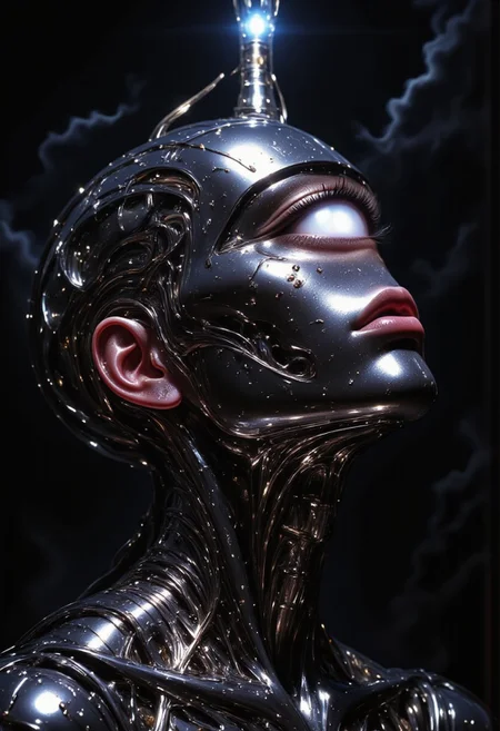 impressionist classical-style painting of a highly detailed, fantasy scene with a dramatic, robotic aesthetic. The central figure is a female robot. Her head and body are made of shiny and smooth metal with multi-colored, exposed wiring going down her neck creating an organic mosaic pattern. She is a biomechanical robot with Chrome Skinned and there are wires jacked into her face. Her cyclops eye is an intense silver color with light silver eyeshadow, and her lips are a rich, deep silver color. There is a missing panel on her cheek. A spot light focuses on her from above. She is bald and is blending in with the dark, smoky, nighttime background. She is facing you and looking up into the sky intensely. The overall impression is one of dramatic beauty, with an almost otherworldly quality.  (((ultra-realistic style))), realistic soft lighting, dark, eye-catching, atmospheric lighting, natural, shallow depth of field, (highlights: 0.8), high detail (dynamic, cinematic shot, film grain, bokeh, depth of field,