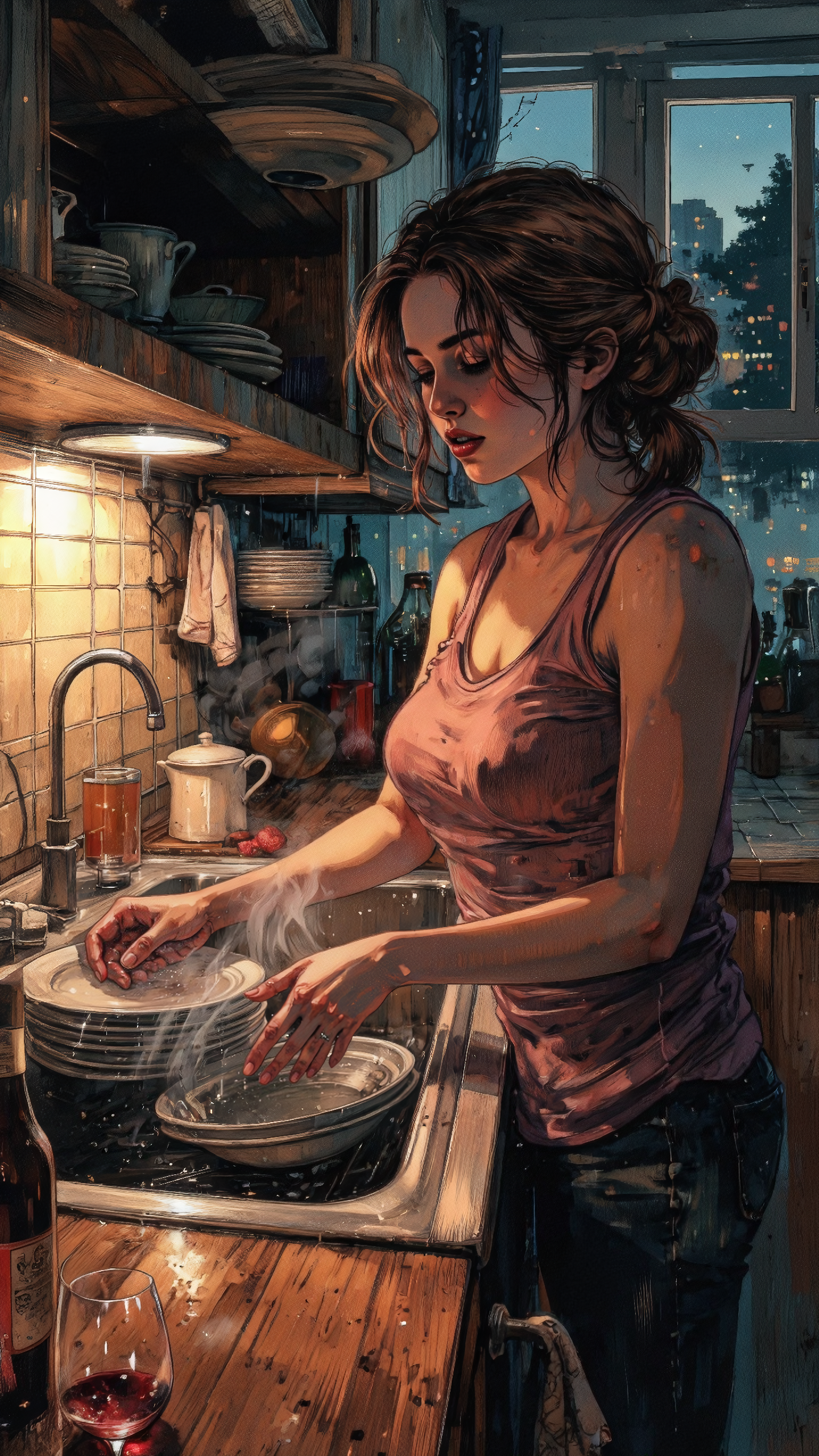 cinna flow, High-resolution anime-style illustration with impressionistic influences of a young woman washing dishes in a cozy evening-lit kitchen. Her chestnut-brown hair is tied into a loose bun, a few strands escaping as she hums softly to herself. She a pink tank top. The warm glow of under-cabinet lights reflects on the tiled backsplash, illuminating the gentle steam rising from the sink. A half-finished glass of wine rest on the wooden countertop, enhancing the relaxed, homey atmosphere. Smooth anime shading and warm, painterly textures create a tranquil and intimate mood <lora:Illustration_Style_IV:0.8> <lora:Vintage_comic_book:0.6> <lora:Cinna_Flow_Flux-000018:1.0>