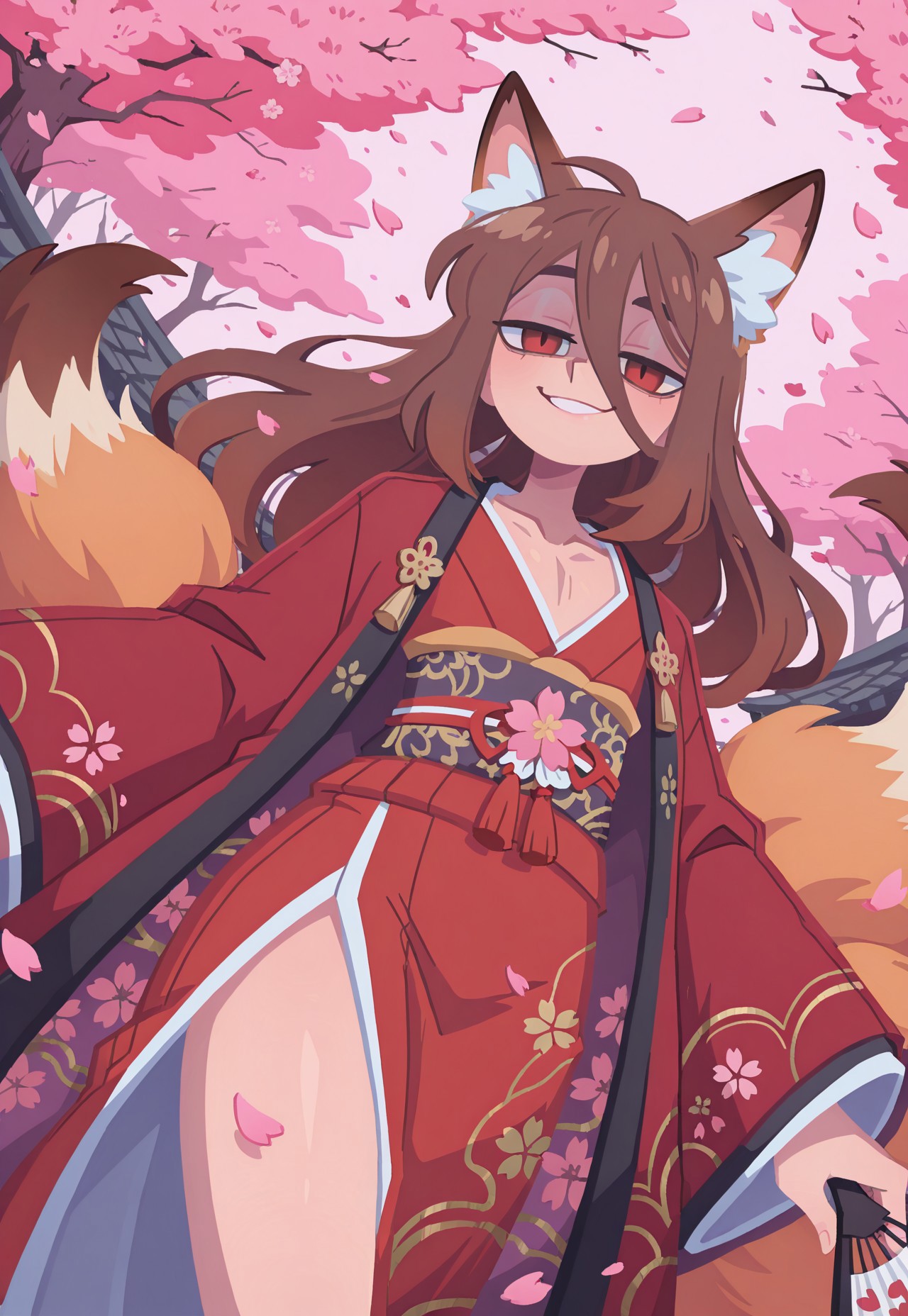 Sfw, safe_pos, highest quality, masterpiece, intricate details, highly detailed, deep red drapped kimono with gold embroidery, embroided kimono, japanese fan, dutch angle, cowboy shot, dynamic shot, dynamic pose, 1 boy, solo, otoko no ko, flat chest, pectorals,  brown fox ears, long hair, long bangs, brown hair, fox tail, nine tails, masculine eyes, masculine face:0.8, average physique, tall, yandere, smirk, chiaroscuro, very awa, t4kar4i_illu, no_outlines,no lineart, vanripper:0.2, cherry blossom, petals, pink atmosphere
