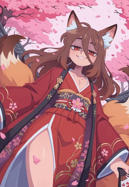 Sfw, safe_pos, highest quality, masterpiece, intricate details, highly detailed, deep red drapped kimono with gold embroidery, embroided kimono, japanese fan, dutch angle, cowboy shot, dynamic shot, dynamic pose, 1 boy, solo, otoko no ko, flat chest, pectorals, brown fox ears, long hair, long bangs, brown hair, fox tail, nine tails, masculine eyes, masculine face:0.8, average physique, tall, yandere, smirk, chiaroscuro, very awa, t4kar4i_illu, no_outlines,no lineart, vanripper:0.2, cherry blossom, petals, pink atmosphere